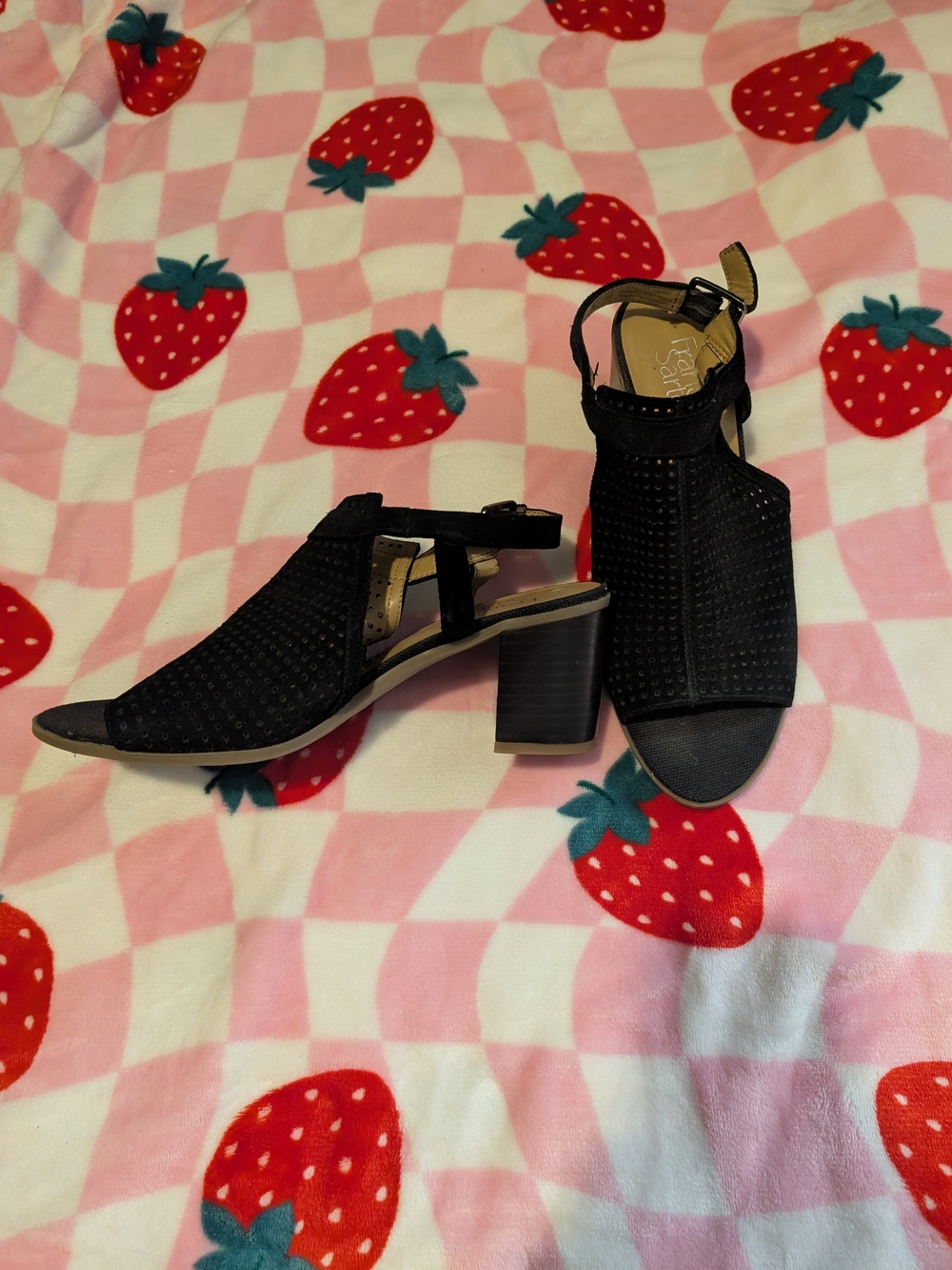Franco Sarto Black Perforated Block Heel Sandals